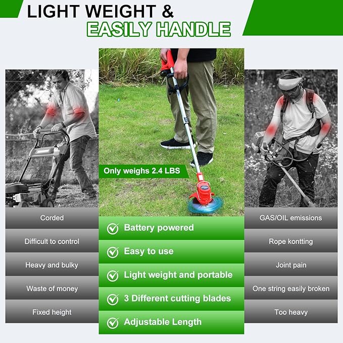 Cordless String Trimmer & Weed Eater, Electric Weed Wacker & Lawn Edger Tool Battery Powered with 3 Types of Blades, Lightweight Grass Trimmer with 2*21V Battery, Brush Cutter for Lawn Garden