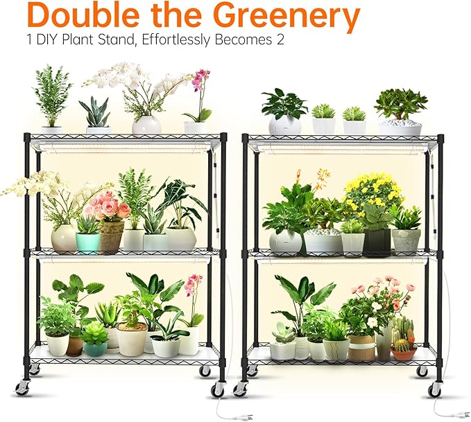 Bstrip DIY Plant Shelf with Grow Light, Grow Light Shelf with Adjustable Rack and Wheels, Plant Stand, 8-Pack 192W T8 Full Spectrum Lamps, ideal for Seed Starting, Seed Tray, 29.5"L x 13.8"W x70.9"H