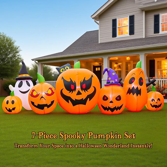 9 FT Halloween Inflatables Pumpkin Outdoor Decorations with Cute Chost Cat and Witch Hat Built-in LEDs Blow Up Pumpkin for Party Yard Lawn Garden Outside Decor