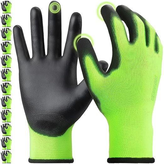 Kebada W1 Work Gloves for Men and Women, PU Coated Safety Gloves with Grip, Touchscreen, Ideal for Warehouse Package Handling, Construction, Gardening, Green X-Large