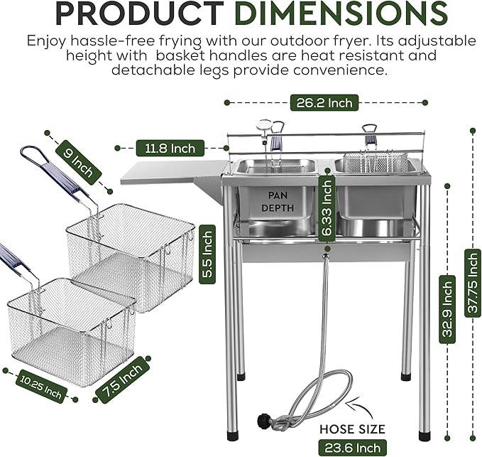HOMIRA Stainless Steel Two-Tank Propane Deep Fryer with Thermometer, 2 Stainless Steel Baskets and Lids Fish Fryer with Adjustable Temperature Regulator, Outdoor Dual Fryer for Frying