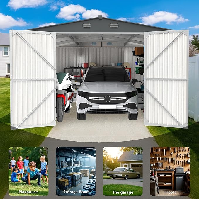 CHERY INDUSTRIAL.COM 13x20ft Outdoor Storage Shed Metal Waterproof Garden Tool Shed with Lockable Door Ventilation for Grass Cutter for Backyard Patio Storage Lawn Mower Bike