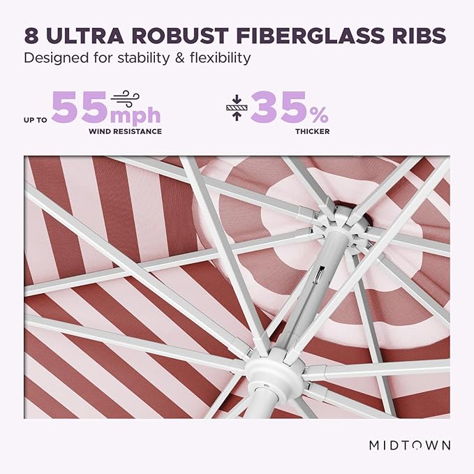 Midtown Umbrellas The Swilt 10 Feet Patio Umbrella in Terylast Red Stripes (Red/White) Polyester Fabric - Fiberglass Ribs, Auto-Tilt Aluminum Frame For Backyard, Deck, Garden, Pool - White Pole