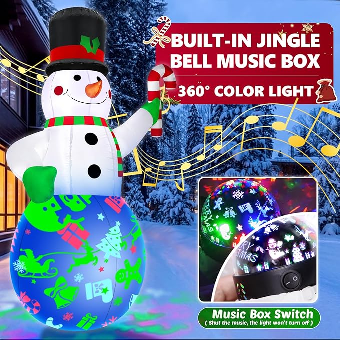 7Ft Christmas Inflatables Snowman Built-in Music Box & Rotating Colorful LED Lights, Christmas Inflatable Decoration Outdoor Blow Up Yard Decoration Snow Man for Holiday Party Xmas New Year