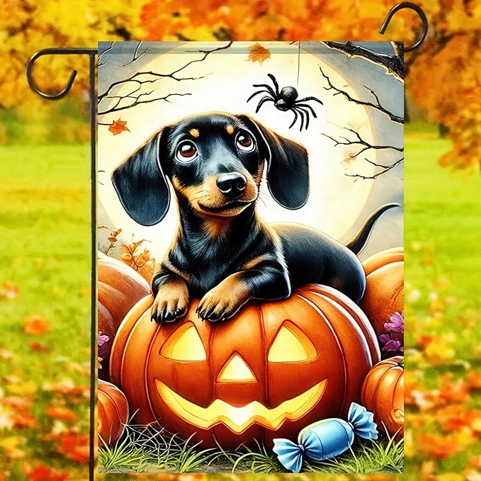 Halloween Garden Flags 12x18 Inch Double Sided Trick or Treat Dachshund Dog Garden Flag Halloween Dog Skeleton Decorations Banner Small Halloween Outdoor Yard Flag for Outside