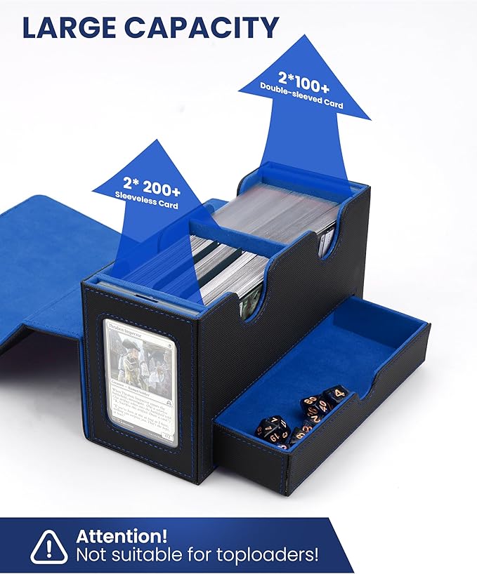MRAUF MTG Deck Box with Double Commander Display and Dice Tray, Fits 200+ Double Sleeved Cards, Card Storage Box Plus 2 Magnetic Holders& 100Pcs Card Sleeves (Black& Blue)
