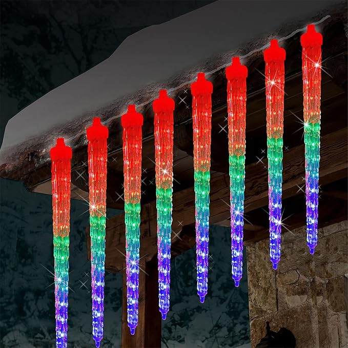 WATERGLIDE 16 Icicles Meteor Shower Lights, 12" Outdoor Christmas Icicle 384 SMD LED Crystal Ice Falling, Connectable Raindrop, Xmas Winter Party Tree Holiday Decor, Multicolor
