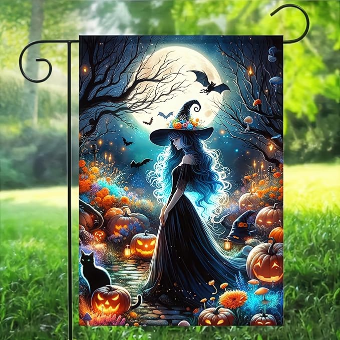 Halloween Witch Garden Flags,Witch Best Friend Black Cat Halloween Yard Flag,Holiday Patio Yard Outdoor Party Decor 12x18 Inch Double Sided