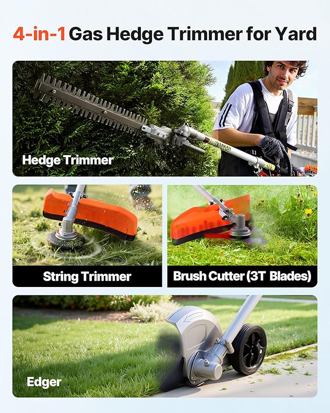 Gas Hedge Trimmer VEVOR, 26cc 2-Cycle Handheld 4-in-1 Trimmer Kit with Hedge Trimmer, Weed Eater/String Trimmer, Edger & Brush Cutter, Includes Protective Gear for Shrubs & Bushes