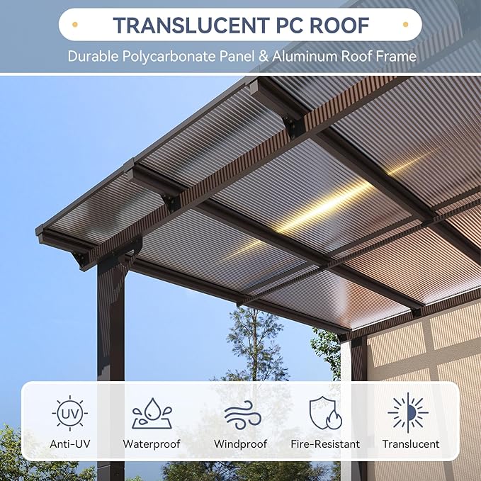10x20FT Lean to Gazebo, Hardtop Metal Pergola with Polycarbonate Roof, Large Wall Mounted Heavy Duty Awnings, Patio Canopy for Backyard, Deck, Porch