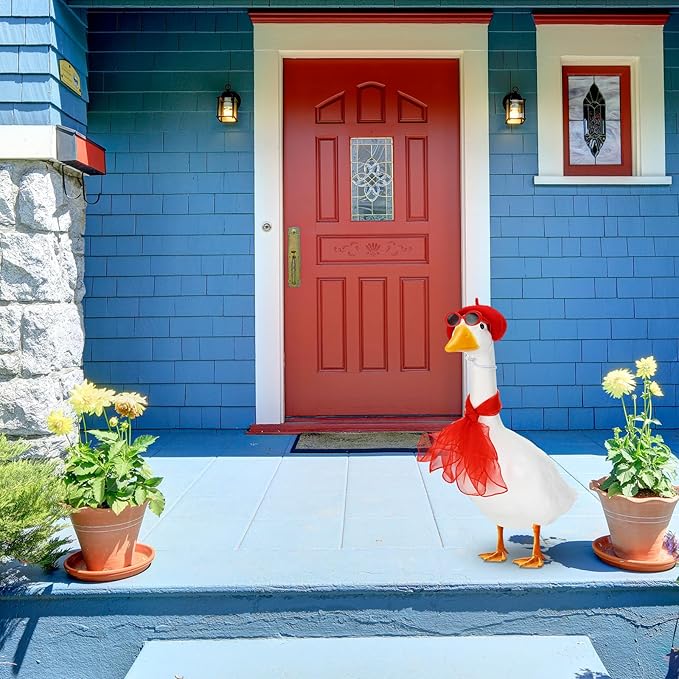 Yaomiao 3 Pcs French Porch Goose Outfit Set for 23'' 17'' Cement Plastic Lawn Goose Costume 50s French Beret Hat for Statue Halloween Carnival Statue Decor(Red)