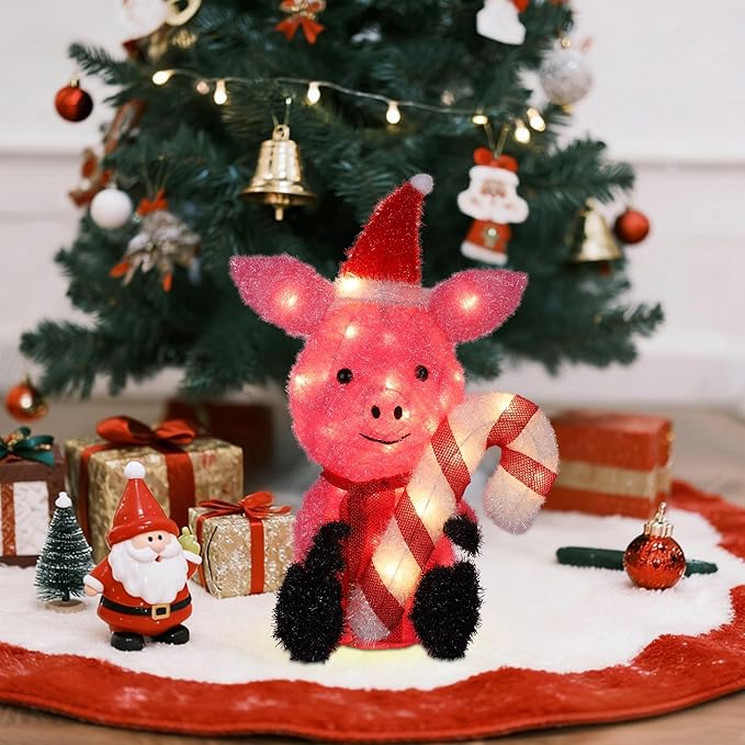 Prsildan Christmas Lighted Decoration 21" Pink Pig, 35 Lights 3D Pig with Christmas Hat & Candy Canes, Cute Decorations for Indoor Outdoor Home Kitchen Yard Garden Holiday Party