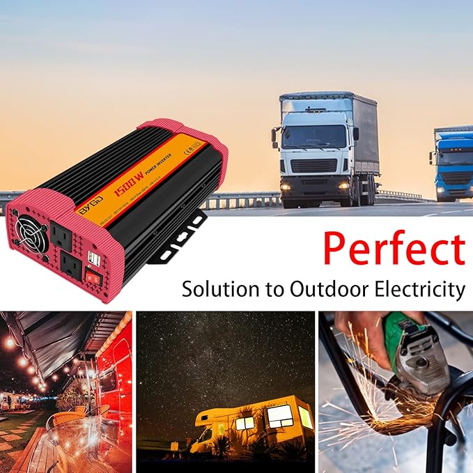 1500W Car Power Inverter DC 12V to AC 110V Car Converter Charger Adapter with Dual Outlets and 4.2A Dual USB Ports DC to AC Power Inverter for Truck Outdoor Home Camping RV Hurricane Emergency Red