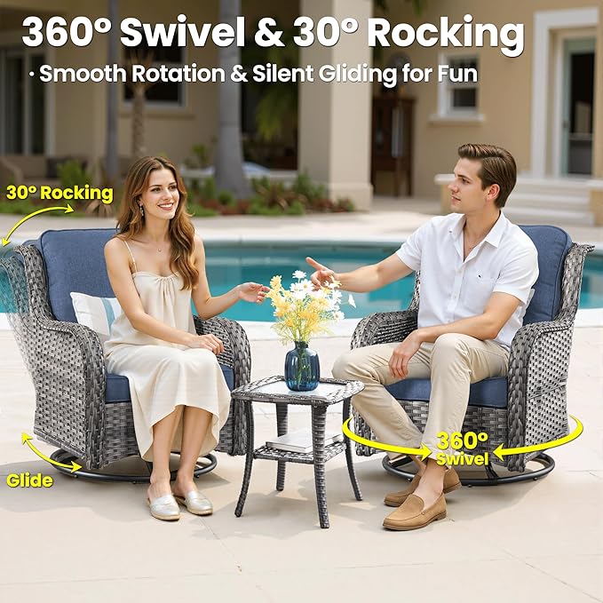 ovios 7 Pieces Patio Furniture Set, Outdoor Wicker Sofa Couch with Swivel Chairs 42" Fire Pit Table, High Back All Weather Modern Conversation Sets, Grey Rattan, Denim Blue