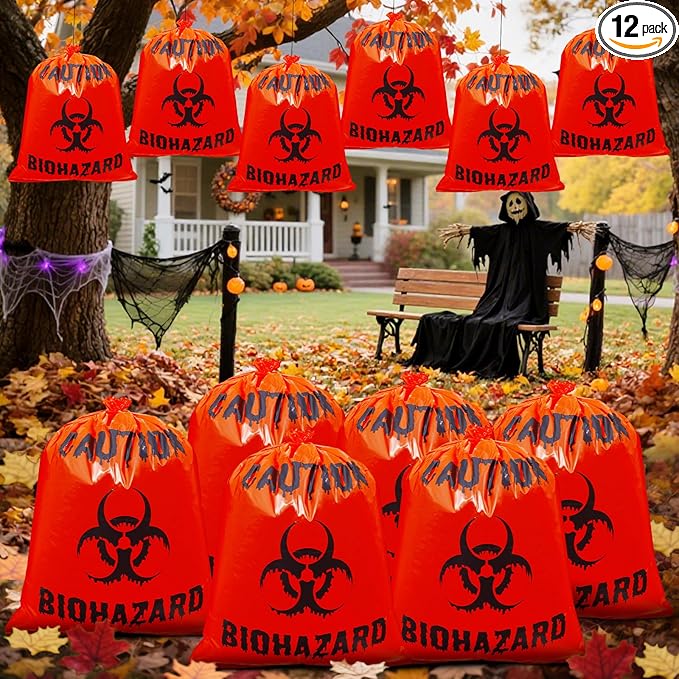 12 Pcs Large Halloween Leaf Bags Biohazard Halloween Decorations Halloween Trash Bags for Leaves Plastic Yard Lawn Waste Bags Scientist Biohazard Bags Outdoor Biohazard Zombie Party Decorations (Red)
