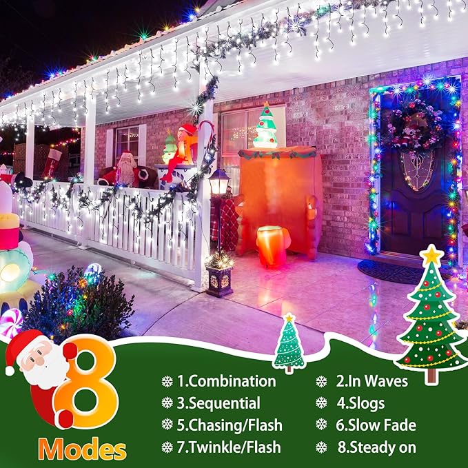 KNONEW 33FT 400 LED Christmas Lights Outdoor Black Wire String Lights with 75 Drops, 8 Lighting Modes, Timer Memory Function Connectable Hanging Curtain Lights for Halloween Party Decor (Cool White)