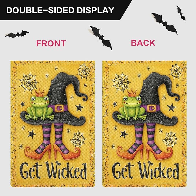 Get Wicked Garden Flag Witch Hat Holiday Garden Flag The Frog Prince Vertical Double Sided Rustic Farmland Burlap Yard Lawn Outdoor Decor 12.5x18"