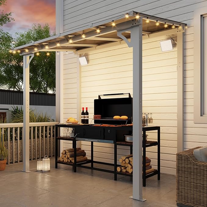 MEISSALIVVE 8' x 5' Gazebo Outdoor Pergola for Patio, Small Wall Mounted Lean to Metal Awnings with Sloped Roof, Heavy Duty Awnings for Patio, Decks, Backyard, White