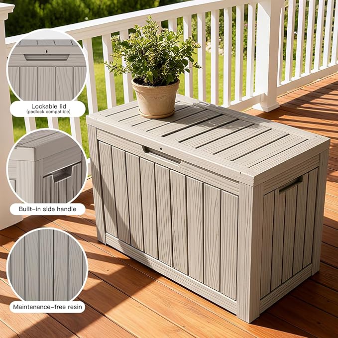 45 Gallon Deck Box, Small Outdoor Storage Box Waterproof, UV-Resistant and Weatherproof Outside Resin Storage Bin for Outdoor Patio Furniture Pillows, Pool Supplies, Garden Tools, Light Brown