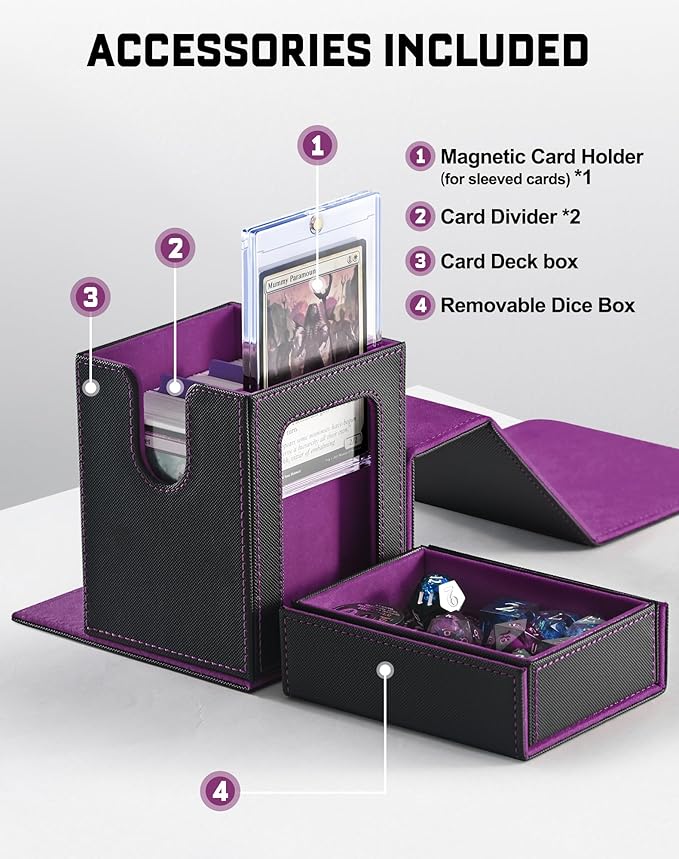 ZLCA MTG Commander Deck Box with Display Window, Deck Box Holds 100 Double-Sleeved with Dice Tray & 35pt Magnetic Card Holder（Black& Purple）