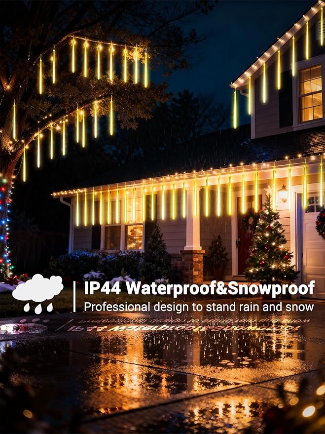 Flacchi Meteor Shower Icicle Lights - 5 Tubes 20" Each 270 LED Cascading Raindrop Lights, Timer Outdoor Waterproof Christmas Decorations for Holiday Party(Warm White)