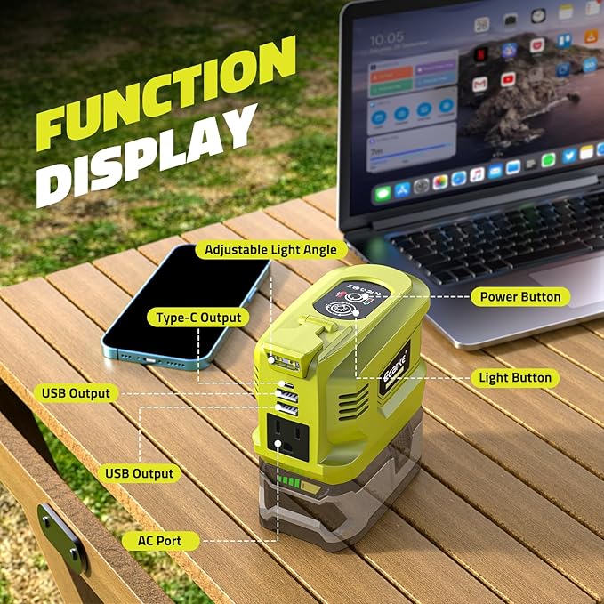 Portable Power Inverter Compatible with Ryobi,Ecarke Real 200W Outdoor Generato Battery Converter with 2 USB&LED&AC Powered Outlet,Convert DC 18V to AC 110V Portable Power Station(No Battery)