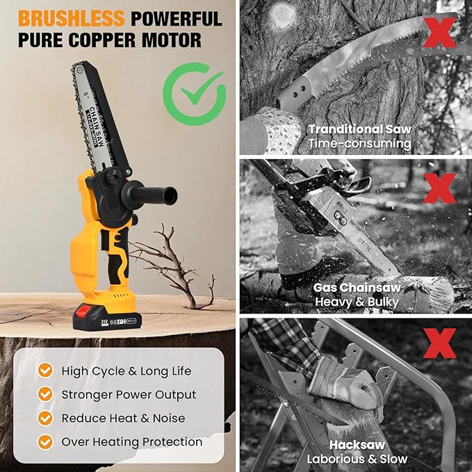 2-in-1 Electric Pole Saw, 6” & 8” Brushless Mini Chainsaw Cordless with Extension Pole & 2 x 21V Batteries, Tree Trimmer Tool for Branch Cutting & Pruning, Home & Garden & DIY