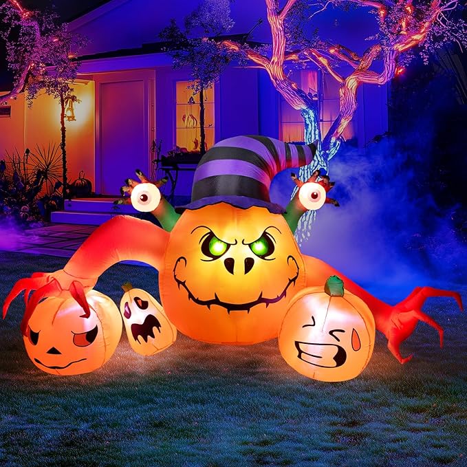 8FT Long Halloween Inflatable Outdoor Decorations, Pumpkin Decorations with Build-in LED Lights, Blow Up Jack-o-Lantern for Indoor Outdoor Halloween Party, Yard, Garden, Lawn