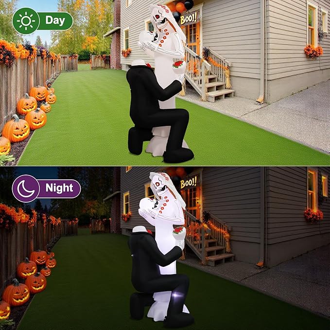 Halloween Inflatables Giant 8Ft Tall Skeleton Couple Day of The Dead Outdoor Decorations, Spooky Blow Up Skull Lovers Yard Decor Built-in 10 LED Lights for Outside Party Lawn Garden