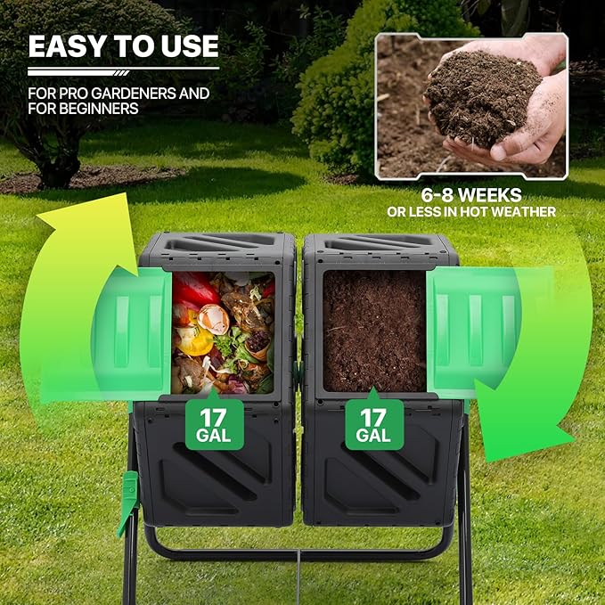 MoNiBloom 34 Gallon Compost Bins Outdoor Dual Chamber Composter Tumbler, All-Season Fast Working Tumbling Composter, High Volume Composter with 2 Sliding Doors