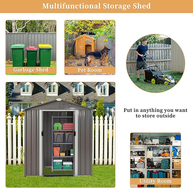 Vongrasig 6x4 FT Outdoor Storage Shed, Metal Garden Shed Clearance with Window and Lockable Door, All-Weather Sloping Roof Tool Shed for Backyard, Patio, Grey