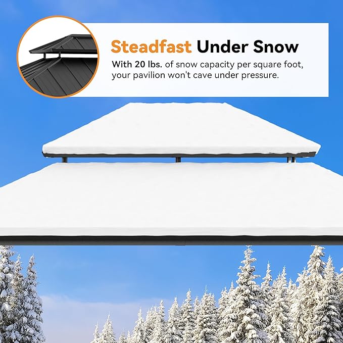 Modern Shade The Horizon Hardtop Gazebo 12' x 14' with 4 LED Lights, Permanent Outdoor Gazebo with Galvanized Steel Double Roof, Grill Pavilion with Decor Hooks, Mosquito Nettings, Wood-Looking