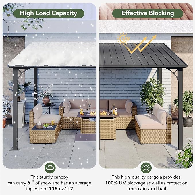 Aoxun 10' x 14' Lean to Gazebo, Upgraded Hardtop Outdoor Pergola with Sloping Galvanized Steel Roof, Large Wall-Mounted Heavy Duty Awnings for Patio, Backyard, Deck, Porch (Dark)