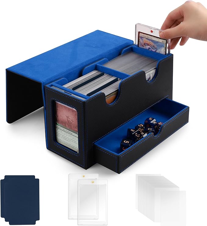 MRAUF MTG Deck Box with Double Commander Display and Dice Tray, Fits 200+ Double Sleeved Cards, Card Storage Box Plus 2 Magnetic Holders& 100Pcs Card Sleeves (Black& Blue)