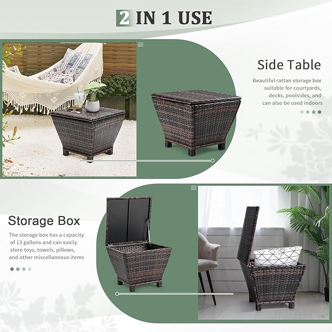 Outvita Outdoor Side Table, Rattan Coffee Table with Storage 13 Gallon Patio Small Deck Storage Box for Cushion Towel Books, Brown Side Table with lid