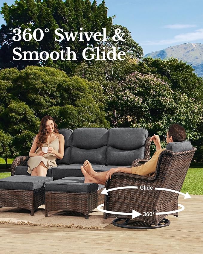 HILLGA Luxury Patio Furniture Set with 6-inch Thick Cushion, Outdoor Couch and High Back Swivel Rocker Patio Chairs, 6PCS Wicker Conversation Set for Deck Yard and Poolside, Dark Grey (V2)
