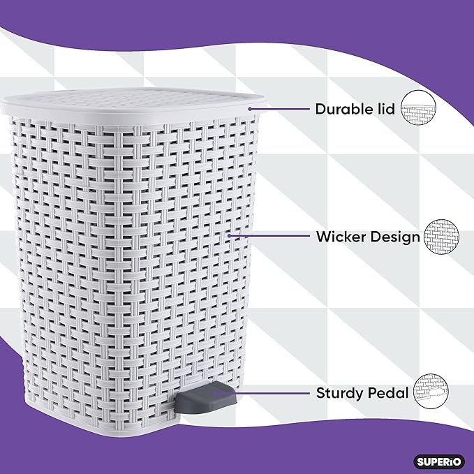 Superio Small Outdoor Trash Can with Lid for Dog Poop 6.8 Gallon/26 L Step On Plastic Garbage Can with Foot Pedal for Bathroom, Bedroom, Office, Patio, Wicker Smoke