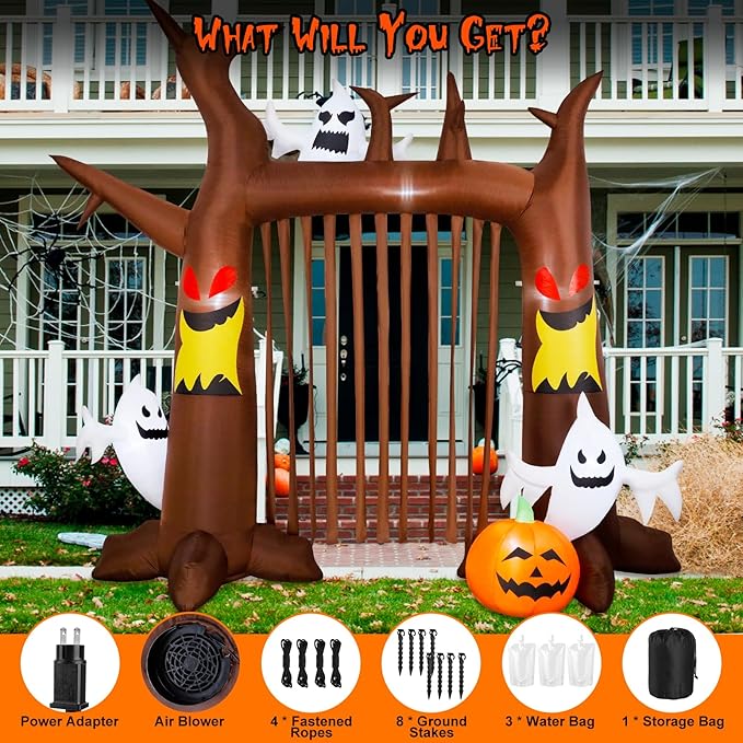 9FT Halloween Inflatable Dead Tree Archway, Halloween Blow Up Yard Decorations with Pumpkin & Ghost, Build-in LED Lights, Halloween Inflatable Arch for Halloween Party Outdoor Garden Lawn