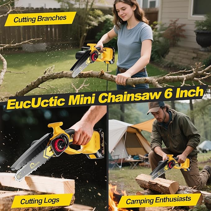 Mini Chainsaw Cordless 6-Inch, 21V Small Chainsaw with 2 Battery Handheld Electric Chain saw–Lightweight&Safe for Wood Cutting, Tree Trimming, Home, Garden, DIY, Best Gifts for Dad, Women (yellow)