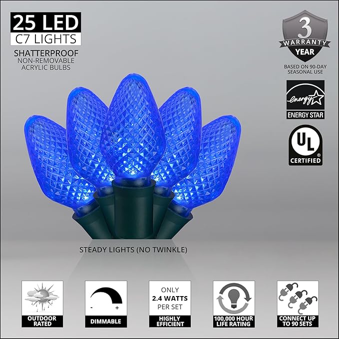 C7 LED Faceted Blue Prelamped Light Set, Green Wire - 25 C7 Blue LED Christmas Lights, 8" Spacing