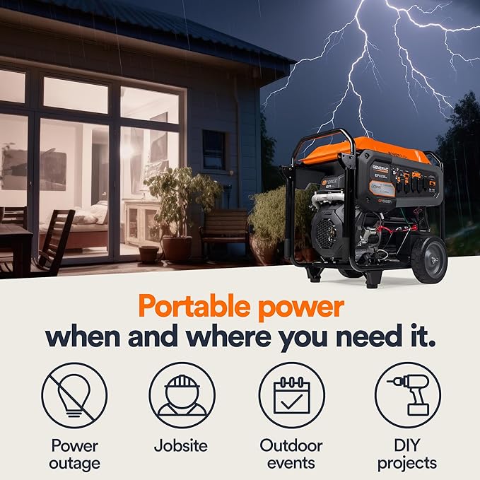 Generac 19,300 Starting Watt Portable Gas Generator - Electric Start - Home Backup or RV Ready - Heavy Duty Frame - Quiet, Long Runtime, Emergency Power - 49-State Compliant
