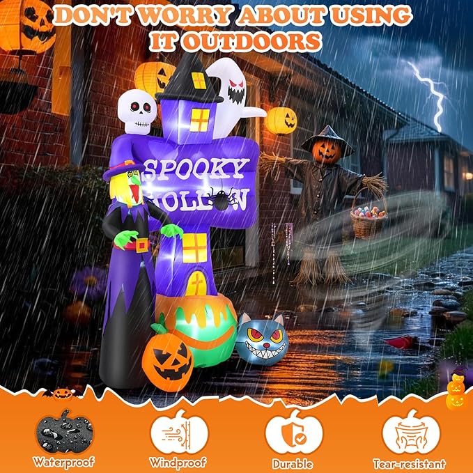 Whubefy 8FT Halloween Inflatable Outdoor Decoration Witch Ghost Tombstones Combo, Skull Cat Halloween Decor with LEDs, Blow Up Halloween Decorations Outdoor Inflatable Pumpkin for Yard Garden Indoor