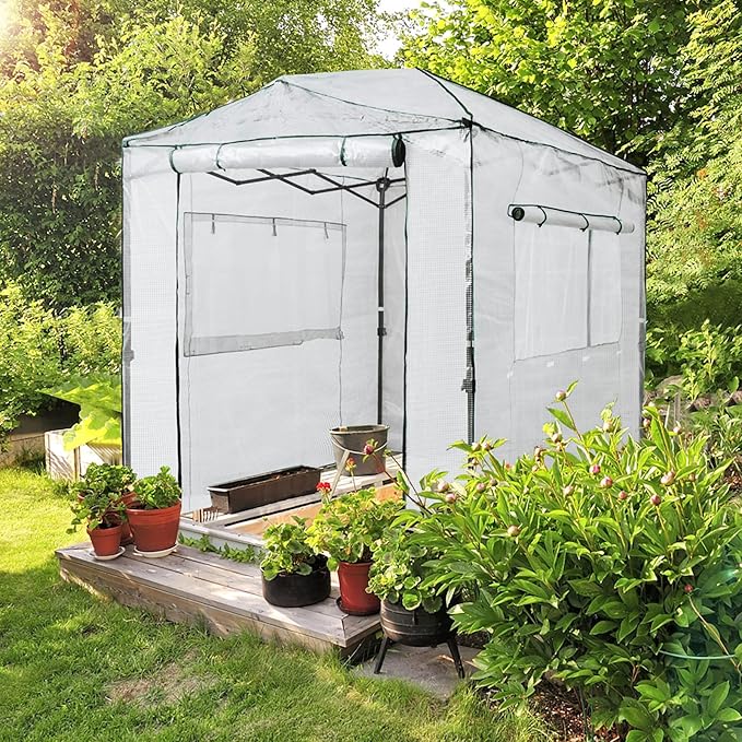 EAGLE PEAK Replacement Cover for 8x6 Portable Walk-in Pop up Greenhouse, Front and Rear Roll-Up Zipper Entry Doors and 2 Large Roll-Up Side Windows (Frame Not Included), White