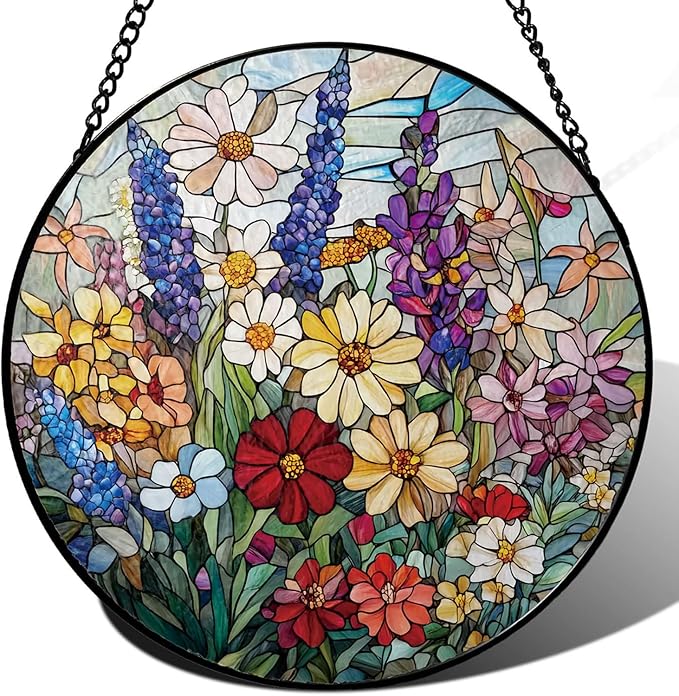 Colorful Wildflowers Suncatcher -7.9 in Stained Glass Window Hanging Sun Catcher Garden Decor