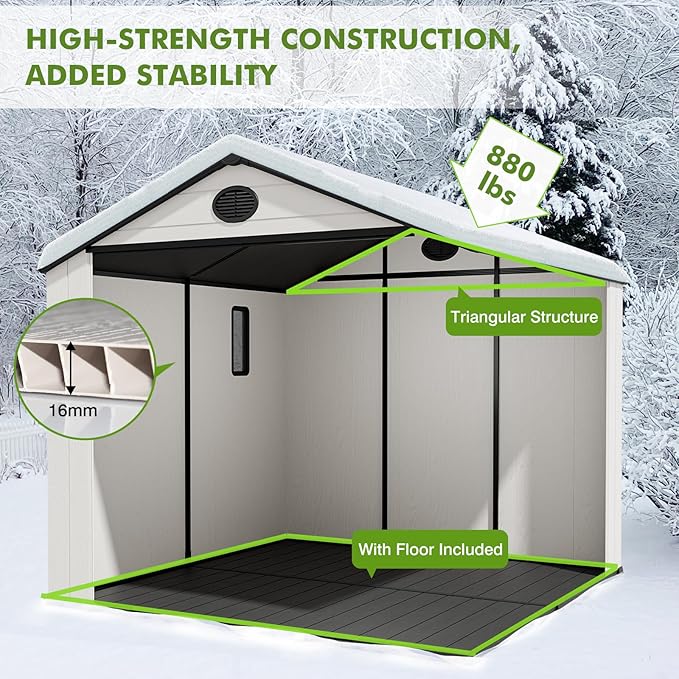 COOS BAY 8x8 Outdoor Resin Storage Shed with Floor, 2 Lockable Doors, All-Weather Durable Garden Shed for Tools & Equipment, White/Gray