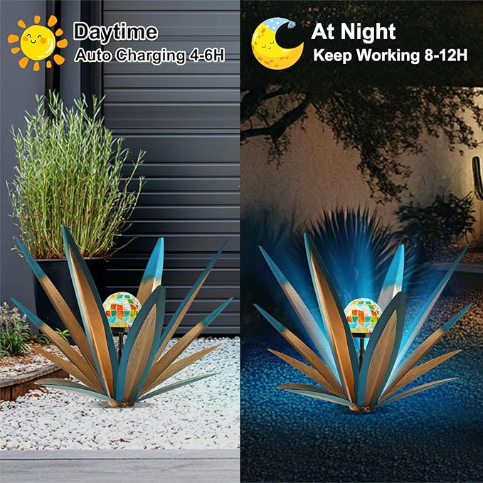 TOMBABY Solar Rustic Garden Style Metal Agave Plants Outdoor Patio, Home Decor Hand-Painted Metal Agave Garden Patio Statues, Suitable for Desert Areas, Outdoor Lawn Decorations (2 Solar Blue)