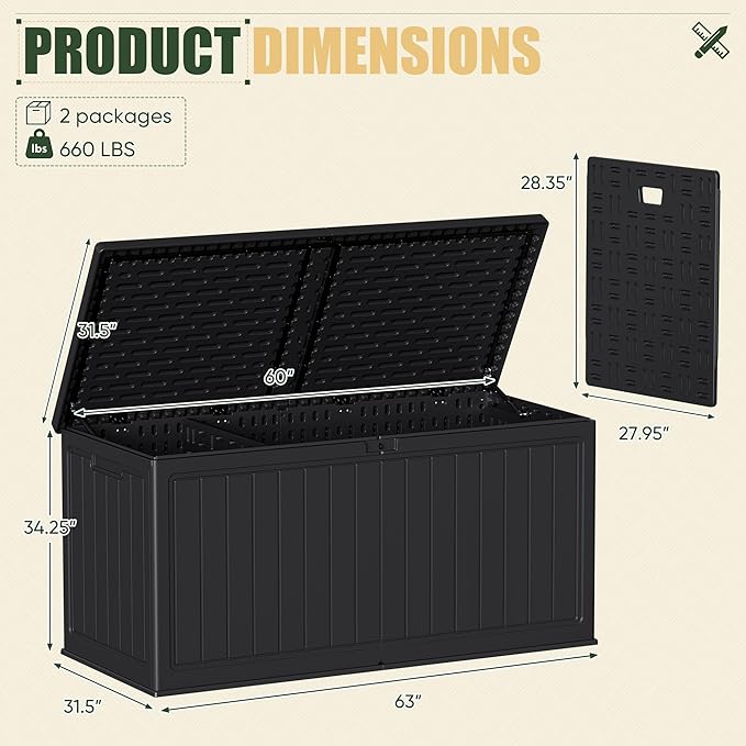 JUMMICO 270 Gallon Outdoor Storage Deck Box with Divider, Double Wall Storage Box with Lockable Lid for Garden Tools, Pools Supplies (Black)