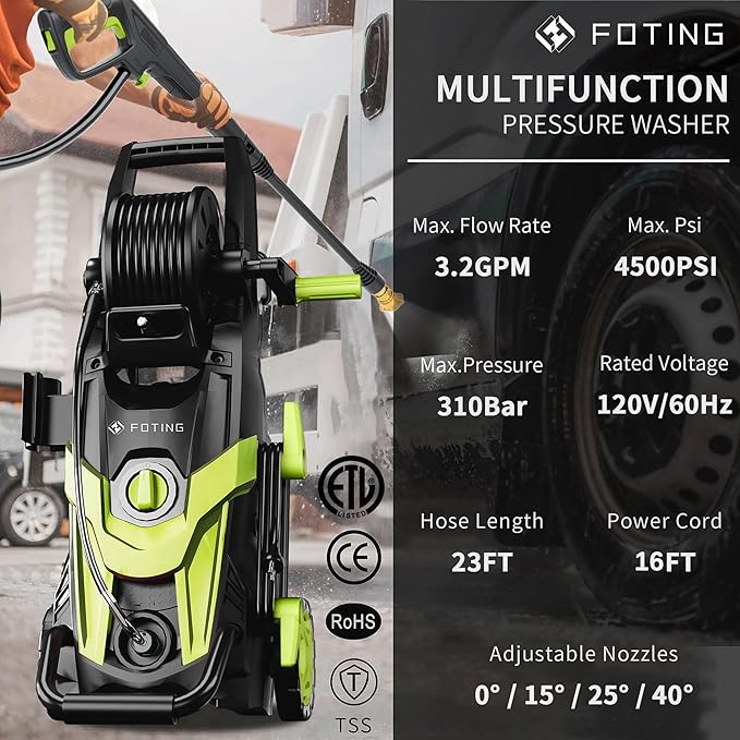 2025New Pressure Power Washer 4500PSI with 4 Quick Connect Nozzles,Inlet Hose & Filter, Foam Cannon for Cars/Fences/Driveways/Patios/Home Cleaning(Green)