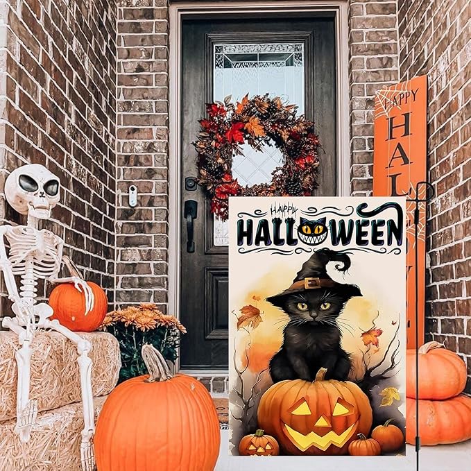 DECORLUXES Halloween Cat House Flag 28x40 Double Sided, Vertical Double Sided Happy Halloween Pumpkin Holiday Outside, Yard Outdoor Decoration for Hom (House + Garden flag)