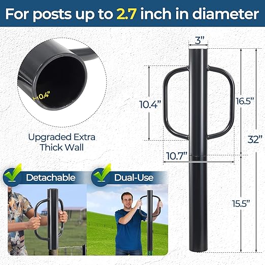 Fence Post Driver, 20LBS Fence Post Driver with Handle, 2.7 inch Inner Diameter Hand Post Pounder, Heavy Duty Driver Tool T Post Rammer for Fence Post U Channel Wooden Post Metal Post, Black